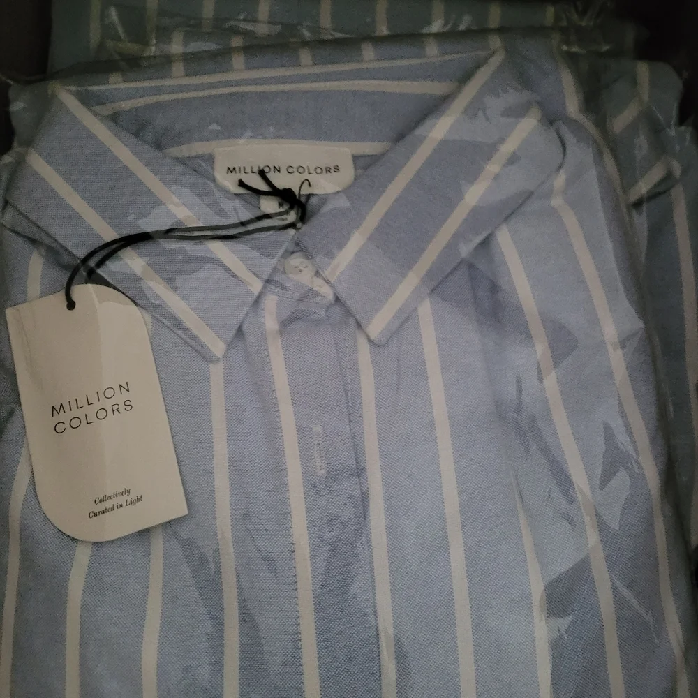 Million‎ Colors Blue Striped Midi Shirt Dress Long Sleeve Linen Cotton